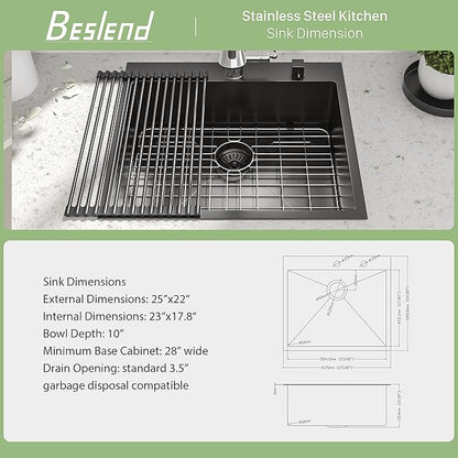 25 Black Drop In Kitchen Sink - Beslend 25”x22”x10” Stainless Steel Gunmetal Black Topmount 16 Gauge 10 Inch Deep Single Bowl Kitchen Sink