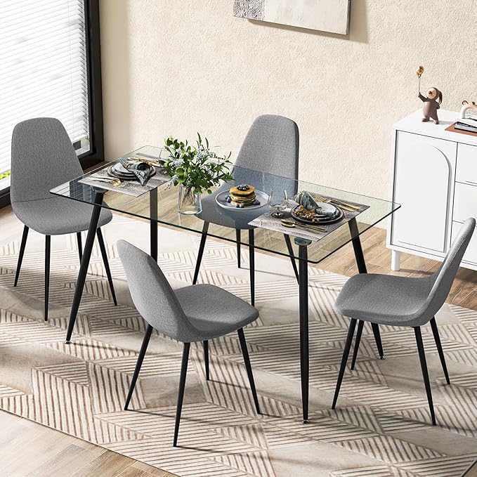 Tangkula Dining Table Set for 4, Modern Kitchen Table and Chairs, Glass Table and Chairs Set of 4 for Small Living Room, Kitchen