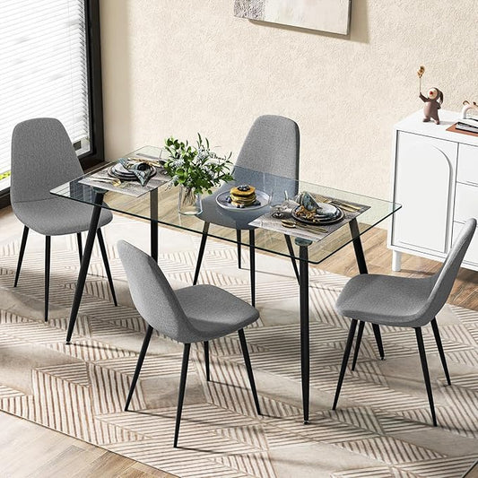 Tangkula Dining Table Set for 4, Modern Kitchen Table and Chairs, Glass Table and Chairs Set of 4 for Small Living Room, Kitchen