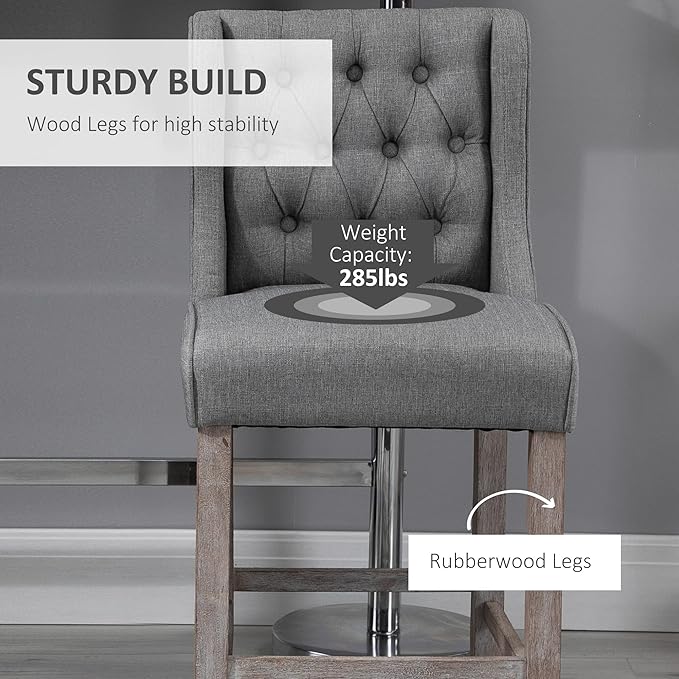 HOMCOM 26.25" Counter Height Bar Stools, Tufted Wingback Armless Upholstered Dining Chair with Rubber Wood Legs, Set of 2, Gray