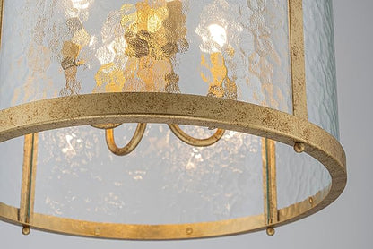 Lingkai Modern Brass Chandelier, 4-Light Water Ripple Glass Light Fixture, Lantern Farmhouse Chandeliers for Dining Room, Living Room, Foyer