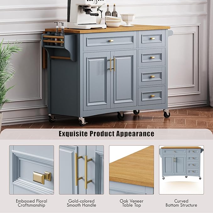 Kitchen Island with Drop Leaf, Embossed Texture Kitchen Island on Wheels with Spice Rack,Towel Rack, 2 Doors and 5 Drawers, Kitchen Storage Cart with Adjustable Shelf for Kitchen (Blue+Grey@093)