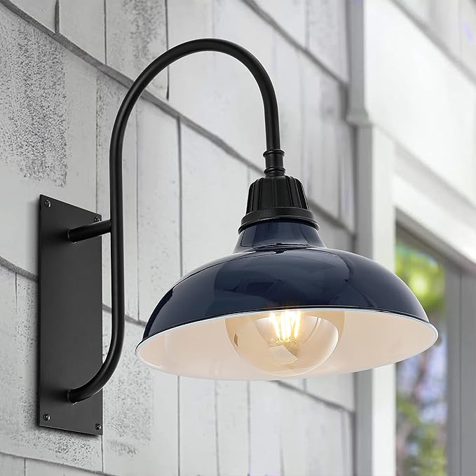 JONATHAN Y 12.25" Navy/Black 1-Light Farmhouse Gooseneck Outdoor Wall Sconce Lamp, with Black Metal Bowl Shade, Industrial Iron LED Porch Light for Patio Garage Entryway (JYL7614C)