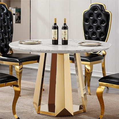 47" Round Marble Dining Table for 4-6, Luxury Modern Kitchen Table with Marble Grain MDF Tabletop & Gold Mirrored Stainless Steel Pedestal Base, Grey Stone Dinner Table for Dining Room (Table Only)
