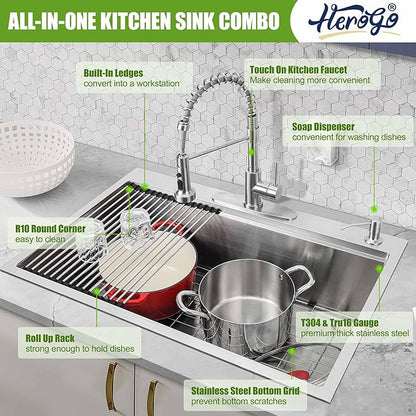 Herogo 33x22Inch Single Bowl Drop In Kitchen Sink, 18/10 16 Gauge Stainless Steel Topmount Handmade 10'' Deep Workstaion Sink with Accessories
