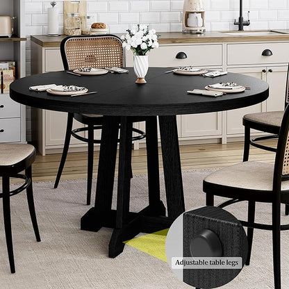 GarveeHome Round Dining Table for 4, 47 Inches Dining Room Table with Wooden Base, Kitchen Table with Circle Tabletop, Dinner Table for Dining Room, Kitchen, Living Room, Black