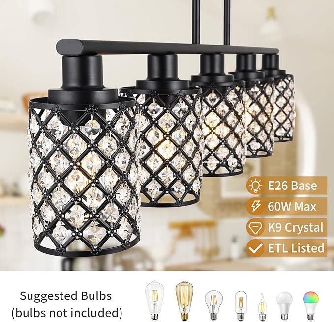 Kitchen Island Lighting,5-Light Dining Room Light Fixture Over Table,Black Linear Chandelier with Black Handmade Crystal Shade,Pendant Lighting for Kitchen Light Dining Table Living Room