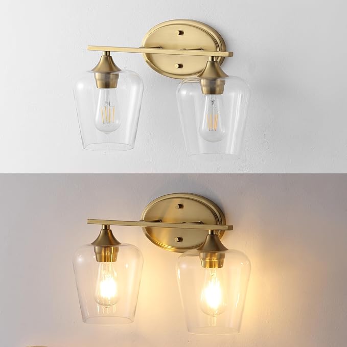 JONATHAN Y 15.75" Brass Gold 2-Light Farmhouse Rustic LED Vanity Light Sconce, Clear Glass Shade, Vintage Indoor Fixture for Bathroom Mirror, LED Bulb Included (JYL7546B)