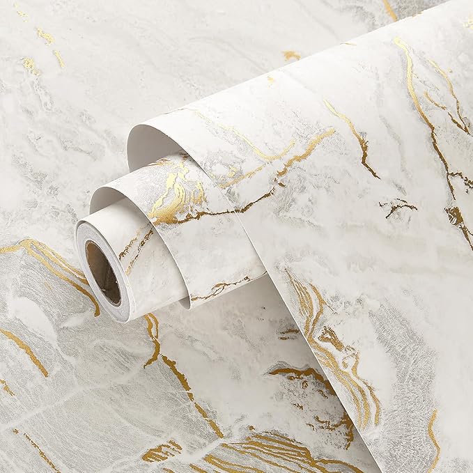 Wallercity Matte Beige/Gold Marble Contact Paper for Countertops Vinyl Waterproof Peel and Stick Wallpaper for Cabinet Backsplashes Self Adhesive Countertop Wall Paper 15.8''x78.7'' Granite Wrap Cover