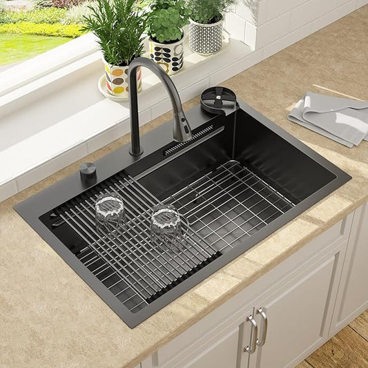 Lordear 33 Drop In Kitchen Sink with Faucet 33x22 Inch Black Waterfall Kitchen Sinks Topmount Stainless Steel 16 Gauge Single Bowl Workstation Smart Sink with Separated Switch Knob