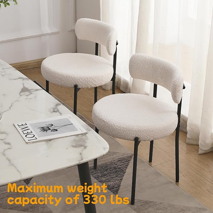 EDWELL White Dining Chairs Set of 2, Modern Dining Room Chairs Mid Century with 3.94" Cushions and Metal Legs, Round Upholstered Boucle Chairs for Kitchen, Living Room, Easy Assembly