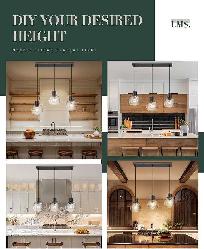 LMS 3-Light Island Lights, Matte Black Dining Room Over Table Hanging Linear Chandeliers, Farmhouse Chandeliers for Kitchen Island Pendant Light Fixtures with Clear Globe Glass Shade, LMS-122SPL-BK3