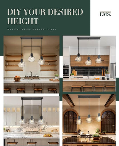 LMS 3-Light Island Lights, Matte Black Dining Room Over Table Hanging Linear Chandeliers, Farmhouse Chandeliers for Kitchen Island Pendant Light Fixtures with Clear Globe Glass Shade, LMS-122SPL-BK3