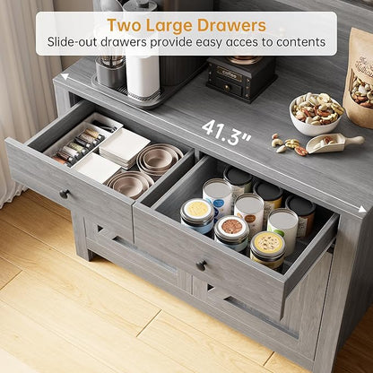 GarveeHome Farmhouse Pantry Cabinet, Kitchen Pantry Storage Cabinet with Microwave Stand, Rustic Buffet Sideboard with Sliding Door, Freestanding Cupboard with Shelves for Dining Room, Dark Grey