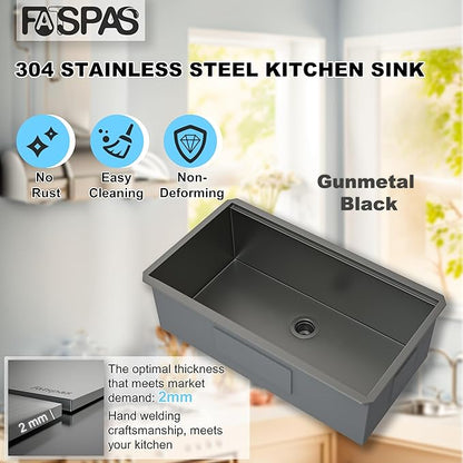 33 Inch Single Bowl Drop In Kitchen Sink, Stainless Steel Kitchen Sink Large Farmhouse Workstation Sinks with Faucet, Single Bowl Topmount Sink, Gunmetal Black