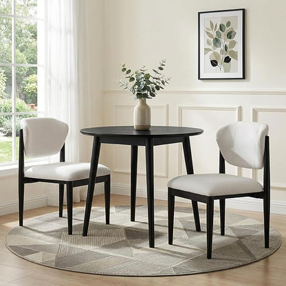 Casaphoria Dining Chairs Set of 2, Solid Black Wood Legs Upholstered Kitchen Chairs, Mid Century Modern Ergonomic Curved Back Accent Chair for Dining Room, Home Office and Vanity, White