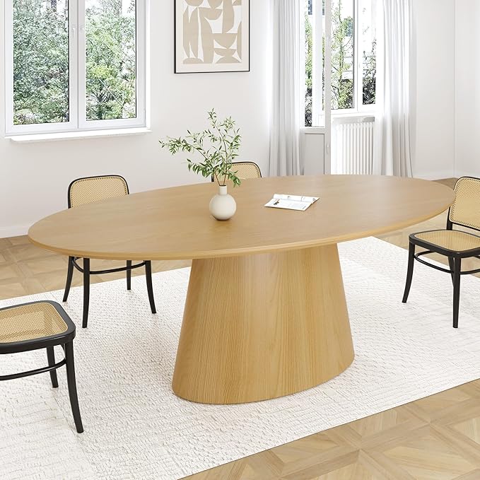Casaphoria 72" Oval Dining Table for 6-8 People, Mid Century Modern Wood Kitchen Table, Minimalist Pedestal Dining Room Furniture with Child-Safe Round Edges (Natural)