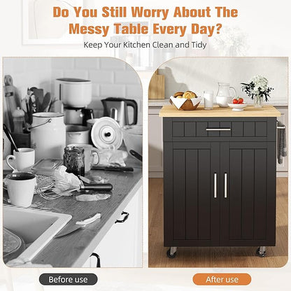 Shintenchi Kitchen Island cart with Storage, Portable Bar Cabinet on Wheels, Rolling Microwave Cart Side Table with Workstation for Kitchen, Dinning Room, Black