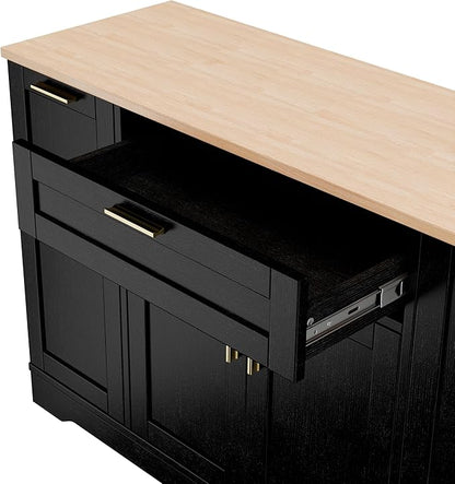 Multi-Functional Storage Sideboard with Extendable Dining Table, Black Kitchen Island Cabinet with 3-Tier Pull-Out Rack and Adjustable Shelves for Kitchen, Dining Room, Living Room,BlackParticleBoardM