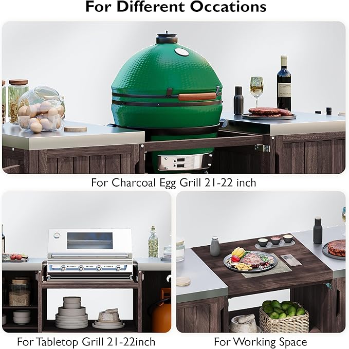 YOPTO Versatile 66.5" Outdoor Grill Cart for Big Green Egg,100% Fir Wood,Stainless Steel Top,Ample Storage,Weatherproof,6 Lockable Wheels,Dark Brown