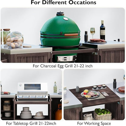 YOPTO Versatile 66.5" Outdoor Grill Cart for Big Green Egg,100% Fir Wood,Stainless Steel Top,Ample Storage,Weatherproof,6 Lockable Wheels,Dark Brown