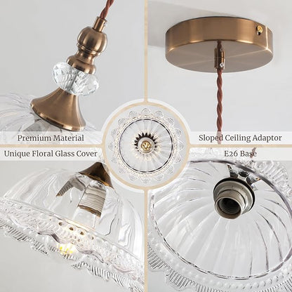 Vintage Pendant Light Fixtures for Kitchen Island Brass Gold 10.6" Glass Small Pendant Lights Adjustable Hanging Light for Hallway Porch Sink Table
