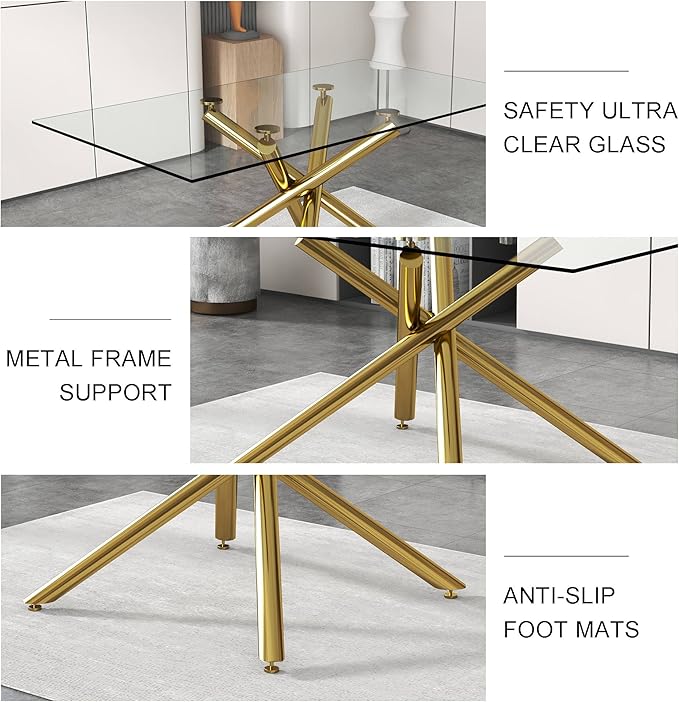 71” Glass Dining Table, Large Dining Table for 6–8 People with 0.4" Thick Tempered Glass Top, Modern Kitchen Table with Gold Metal Leg for Kitchen Dining Room