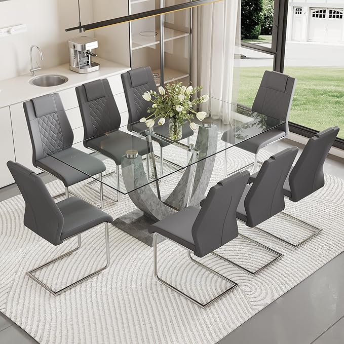 71" Glass Dining Table, Modern Kitchen Table for 6-8, Large Rectangle Dinner Table with Tempered Glass Top and Wooden Base for Dining Room, Kitchen