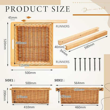 Rustic Wicker Pull out Cabinet Organizer Basket Drawers with Frame and Runners Slide 20" W x 20" l x 8" H for Kitchen Shelf Pantry Storage, Easy DIY Installation