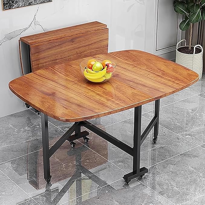 Folding Dining Table,Drop Leaf Extension Folding Table with Wheels,Solid Wood Foldable Kitchen Island Table,Small Apartment Collapsible Table,Space Saving(39.3 x 23.6 in, Brown)