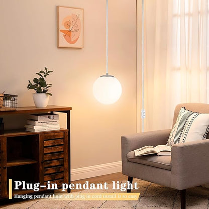 KoKo&Yukina 8" Globe Pendant Light Nickel Plug in Pendant Light Adjustable Hanging Lights with Plug in Cord Nickel Finished with Milk Glass Lampshade for Bedroom Kitchen Island (Bulb Included)
