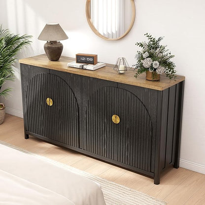 Sideboard Cabinet with Storage - 63” Large Kitchen Buffet Table, Adjustable Shelf & 4 Fluted Doors Farmhouse Coffee Bar for Living Room Dining Room Entryway, Black