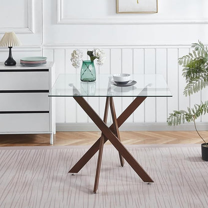Square Glass Dining Table 35.4'' Inch Modern Square Kitchen Table with Metal Legs Durable Stylish Dinner Table for Dining Room Kitchen
