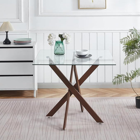 Square Glass Dining Table 35.4'' Inch Modern Square Kitchen Table with Metal Legs Durable Stylish Dinner Table for Dining Room Kitchen