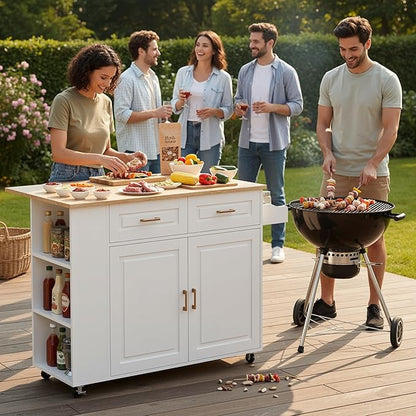 IRONCK Kitchen Island with Power Outlet & Drop Leaf, 47.2" Width Rolling Kitchen Island on Wheels with Storage, Mobile Kitchen Island Cart with Spice Rack, Open Shelves and Drawer, White