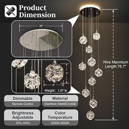 10-Light High Ceilings Long Chandeliers Modern Crystal Staircase Chandelier Hanging Flush Mount Lighting Fixtures for Spiral Staircase,Foyer,Entryway