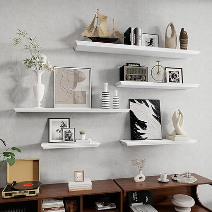 Fun Memories Floating Shelves 24 Inch Long, 9.3 Inch Deep Classic Crown Molding Floating Shelves for Wall, Rustic Wooden Shelves for Wall Decor Bathroom, Kitchen, Office, (White, 2Pack)