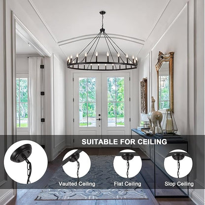 ANKYLHUA 52 inches Black Wagon Wheel Chandelier- 24 Light Large Farmhouse Chandelier Industrial Rustic Dining Room Light Fixture Round High Ceiling Pendant Light for Living Room Entryway Foyer