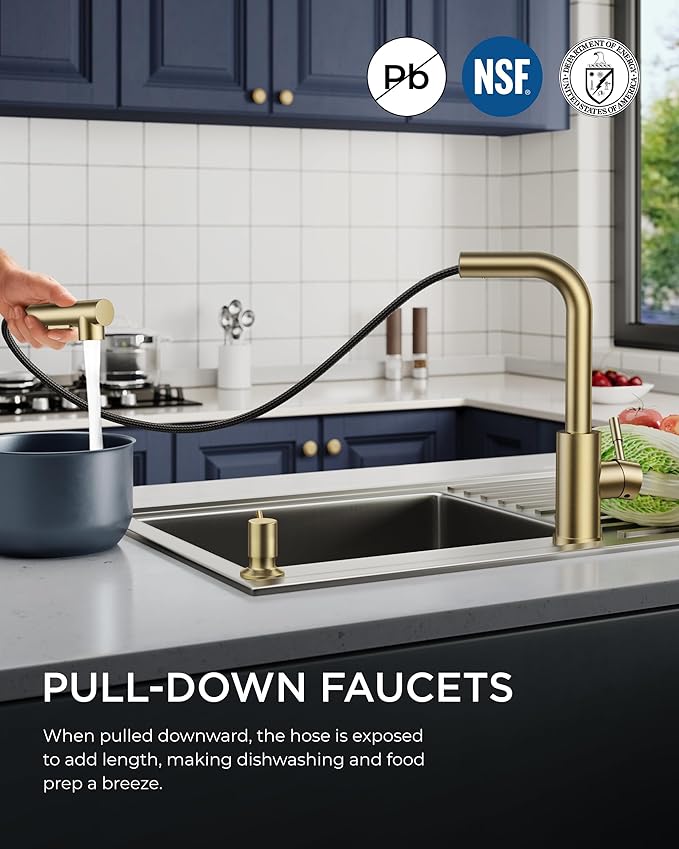 FORIOUS Gold Kitchen Faucet with Soap Dispenser, Stainless Steel Sink Faucet with Pull Out Sprayer Modern Single Handle Suitable for RV Bar Farhouse Laundry Outdoor