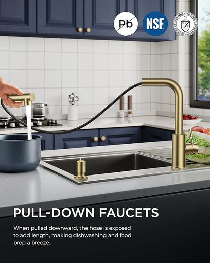 FORIOUS Gold Kitchen Faucet with Soap Dispenser, Stainless Steel Sink Faucet with Pull Out Sprayer Modern Single Handle Suitable for RV Bar Farhouse Laundry Outdoor