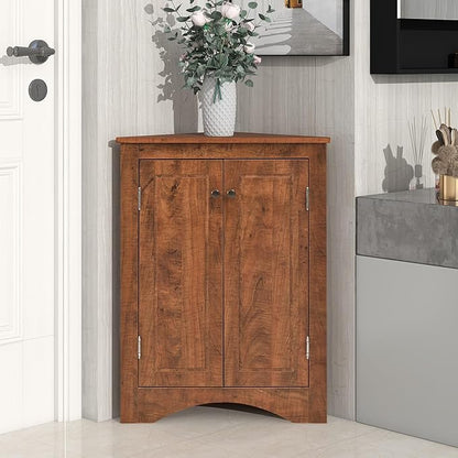 Corner Storage Cabinet with Two Doors and Adjustable Shelf, Freestanding Floor Space Saver for Bathroom, Living Room or Kitchen, Brown