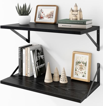 Acovy Deep Floating Shelves Wall Mounted, 24"x12" Black Wall Shelves with Brackets Set of 2 for Bedroom, Living Room, Bathroom, Kitchen, Office - Storage & Display Shelf for Decor, Books, Plants