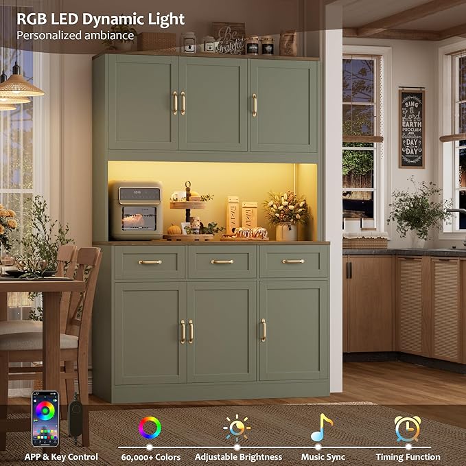 HOSTACK 72" Tall Kitchen Pantry Cabinet with Charing Station | LED Lights, 47" W Kitchen Pantry Storage Cabinet with Countertop, Modern Kitchens Hutch Cabinets with Storage for Dining Room, Green