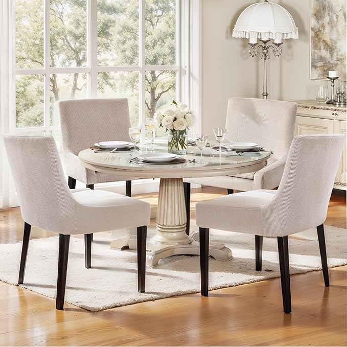 Dining Chairs Set of 6 – Extra Wide & Padded Corduroy Dining Chairs with Solid Wood Legs, High-Density Foam Cushion, Mid-Back Modern Kitchen Chairs for Comfortable Everyday Use