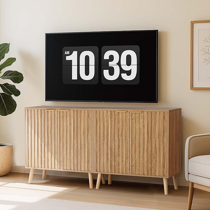 Pamapic Fluted Storage Cabinet, Sideboard Buffet Cabinet with Storage, Wood Credenza with Adjustable Shelves, Modern Accent Cabinet for Living Room, Kitchen, Entryway, Natural(2, Natural)