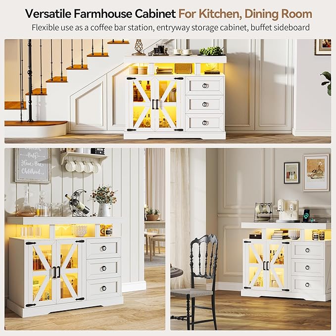 HNEBC LED Farmhouse Sideboard Buffet Cabinet with Storage, Wood Coffee Bar Station Table w/Charging Station, Large Kitchen Storage Cabinet w/Adjustable Shelf and 3 Drawers for Dining Room (White)