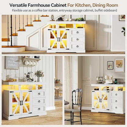HNEBC LED Farmhouse Sideboard Buffet Cabinet with Storage, Wood Coffee Bar Station Table w/Charging Station, Large Kitchen Storage Cabinet w/Adjustable Shelf and 3 Drawers for Dining Room (White)