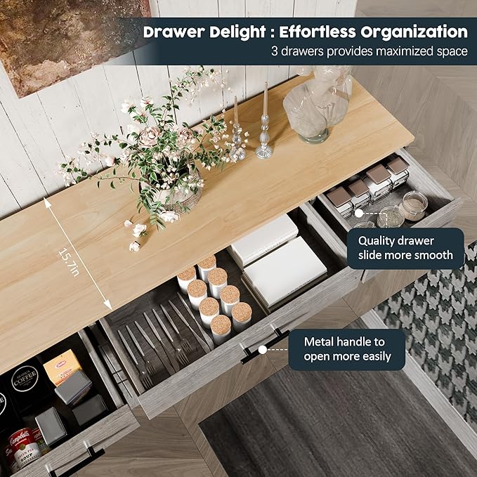 SUNLEI Kitchen Buffet Sideboard Cabinet, Wooden Storage with 4 Doors and 3 Drawers, Adjustable Shelf, Modern Farmhouse Coffee Bar Cabinet with Storage for Kitchen/Laundry/Living Room, Grey
