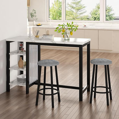 Lamerge Kitchen Furniture Bar Height Table and Chairs for 2 People, 4-Tier Compact Dining Room Table, White Faux Marble Top and 2 Grey Velvet Upholstered Seat, Modern Dining Set for Home/Studio/Office