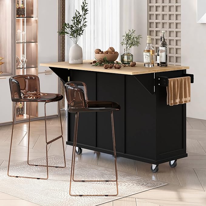 Ball & Cast Kitchen Island Cart with Rubber Wood Drop-Leaf Countertop,Cabinet Door Internal Storage Racks,Kitchen Island on 5 Wheels W/Storage Cabinet and 3 Drawers for Dinning Room,Black,53"